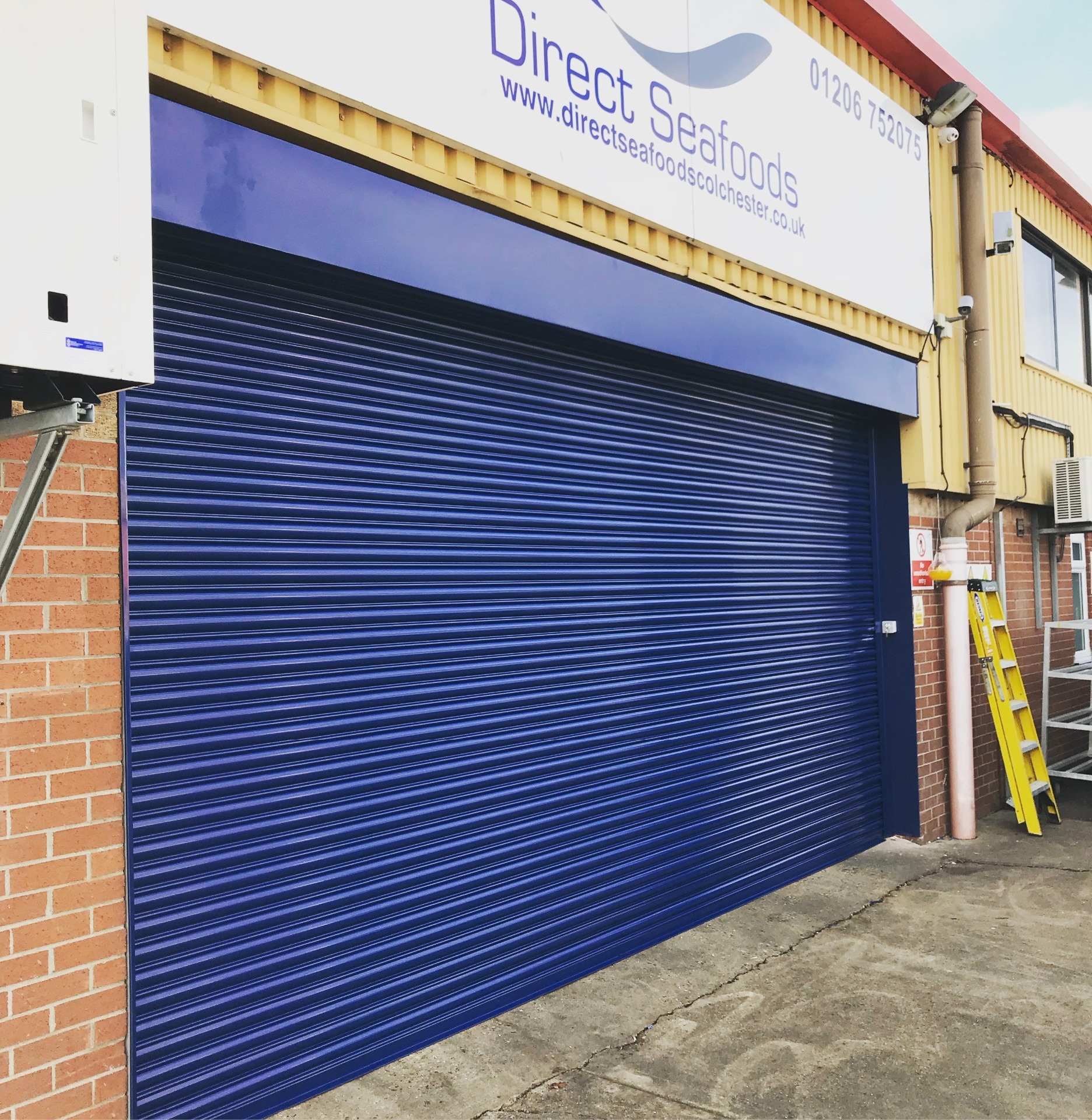 A new Roller shutter installed for Direct Seafoods in Colchester, Essex. We supplied and installed this roller shutter with a powder coated finish in Gentian Blue.